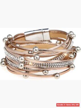 Multilayer Leather Wrap Bracelet with Magnetic Buckle, 16" Length